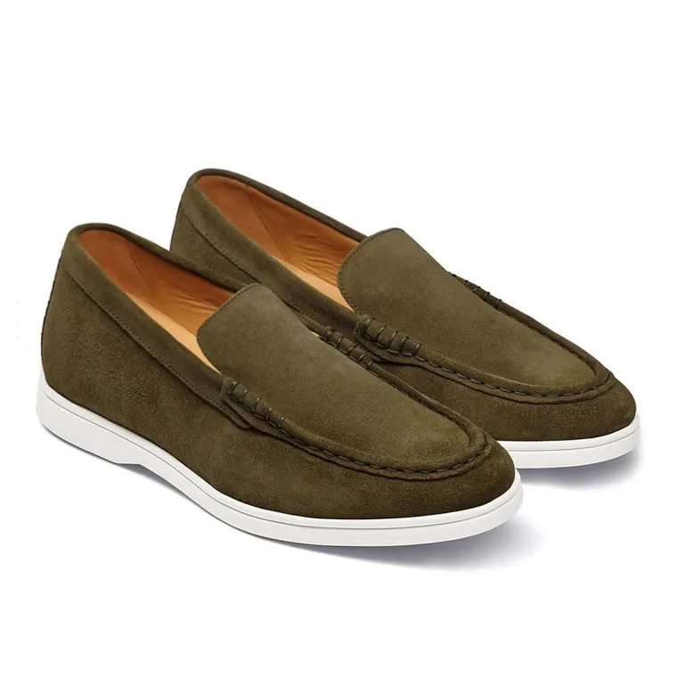 Men's Elevator Loafers - Olive Green Suede Slip-On Casual Shoes 6CM / 2.36 Inches