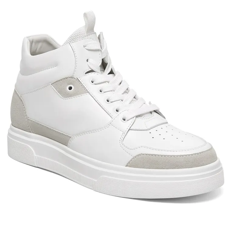 Men's Shoes With Higher Heels | White Leather High-Top Sneakers 8CM / 3.15 Inches