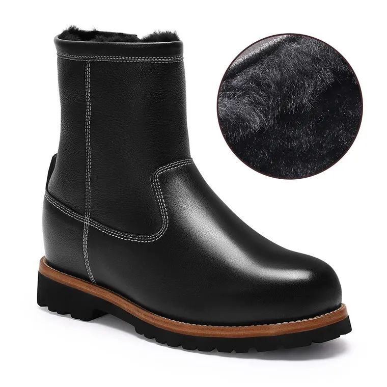 height increasing boots - men's fur lined boots - black winter warm casual elevator boots 7CM / 2.76 Inches