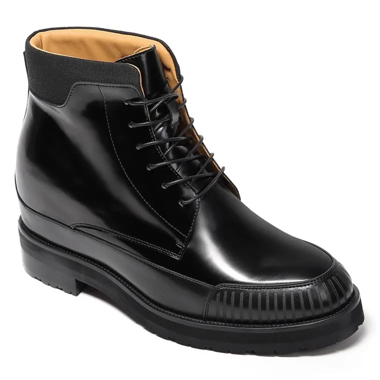 Men's Height Increasing Boots - Black Glossy Leather Elevator Work Boots 11CM / 4.33 Inches