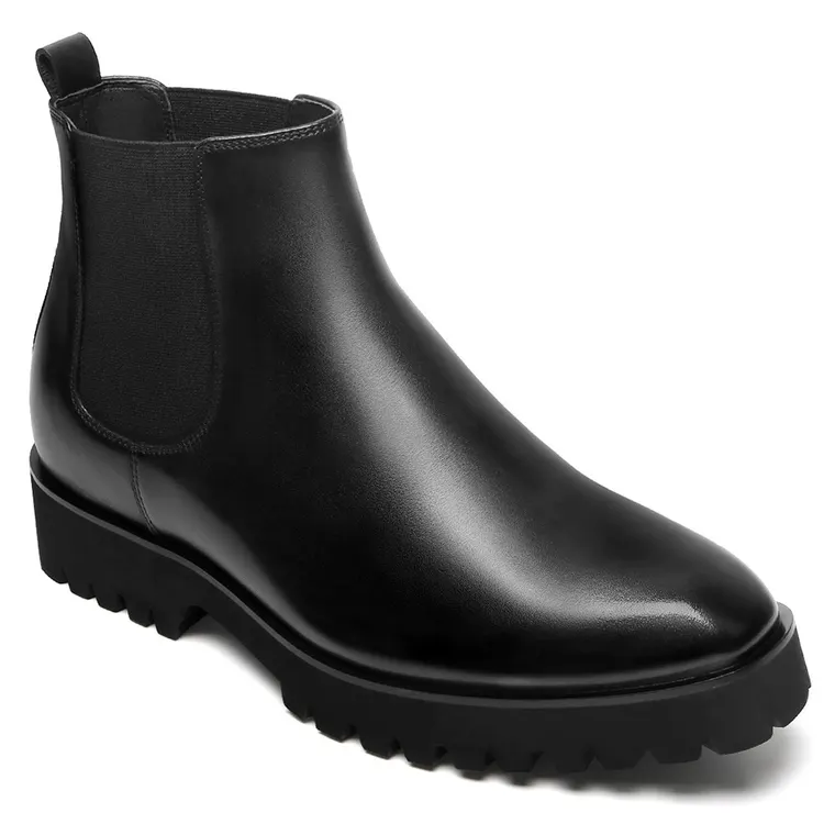 Men's Elevator Chelsea Boots - Black Leather Business Casual Boots 8CM / 3.15 Inches