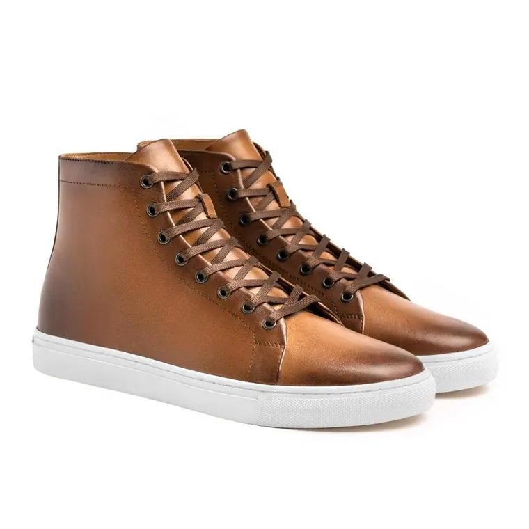 Handcrafted Elevator Shoes – Brown Leather Height Increasing High Top Sneakers for Men 7CM / 2.76 Inches