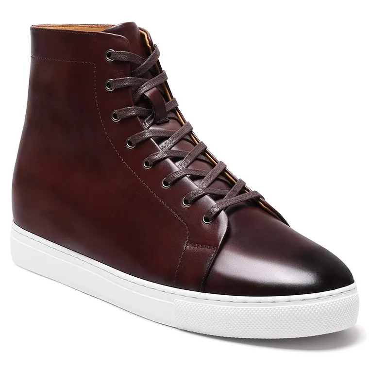 High Top Height Increasing Sneakers – Handcrafted Dark Brown Leather Casual Sneakers 7CM / 2.76 Inches