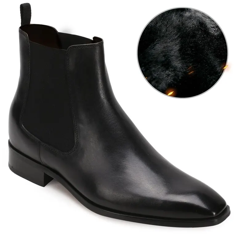 CHAMARIPA High Heel Boots for Men - velvet warm winter shoes - Chelsea boots Black Leather - 7CM / 2.76 Inches