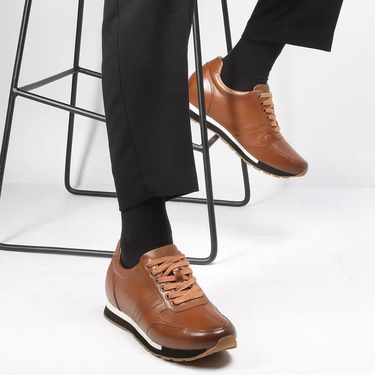 CHAMARIPA men's elevate sneakers hidden heel trainers brown calf leather 7CM / 2.76Inches