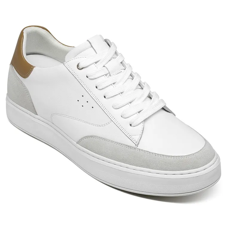 height increasing casual shoes sneakers - white men's leather casual lift shoes 2.36 inches / 6cm