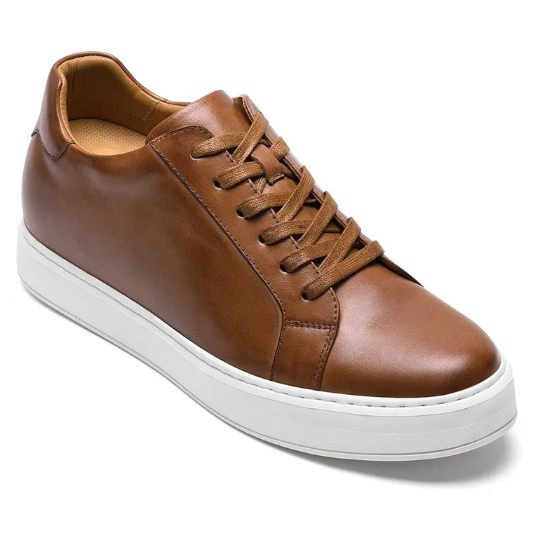Men's Elevator Shoes | Brown Leather Daily Sneakers 7 CM / 2.76 Inches