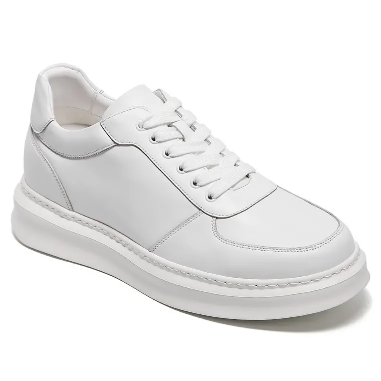 Men's Shoes With Higher Heels - White Leather Casual Sneakers 7CM / 2.76 Inches