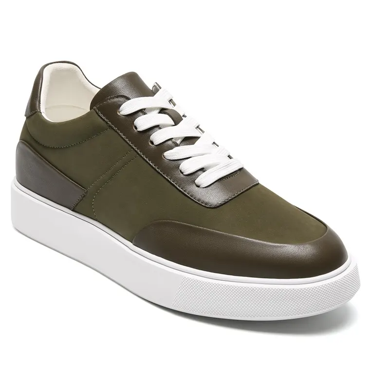 Elevator Shoes For Men - Olive Green Nubuck Casual Sports Shoes 7CM / 2.76 Inches