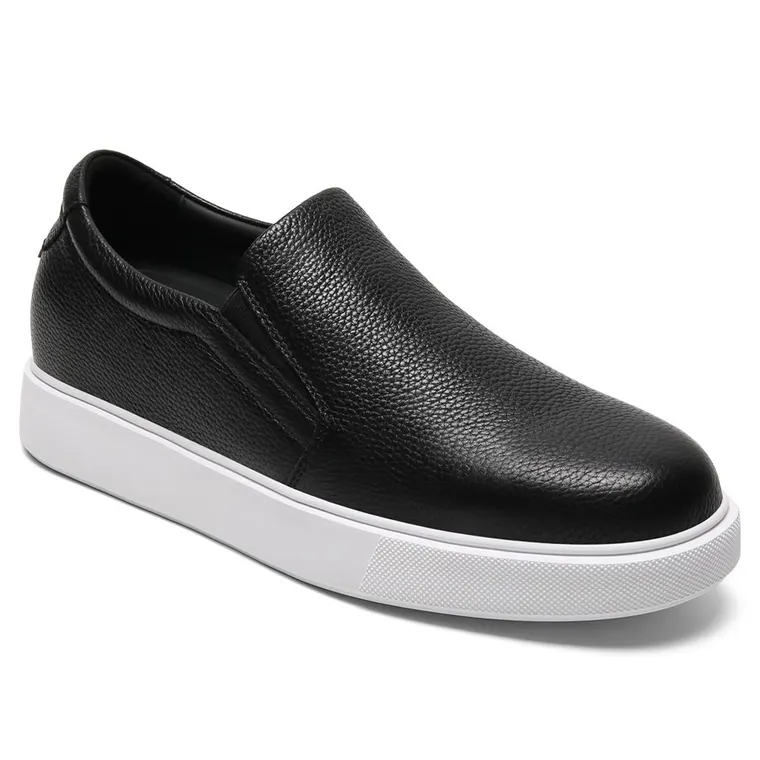 Men's Height Increasing Loafers - Black Leather Slip-On Casual Shoes 7CM / 2.76 Inches