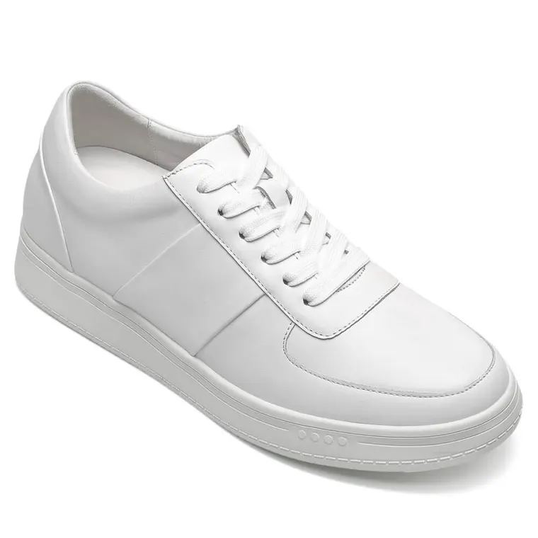 Height Increasing Shoes For Men - Casual Elevator Shoes - Cowhide Leather Men's White Shoes 2.36 Inches / 6 CM