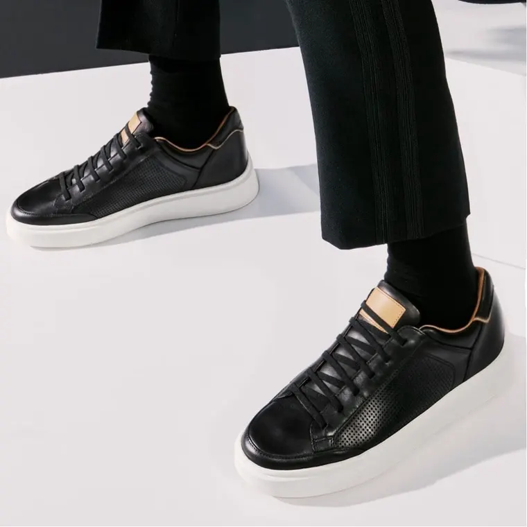 Men's Height Increasing Casual Shoes - Black Leather Raised Heel Shoes 7CM / 2.76 Inches