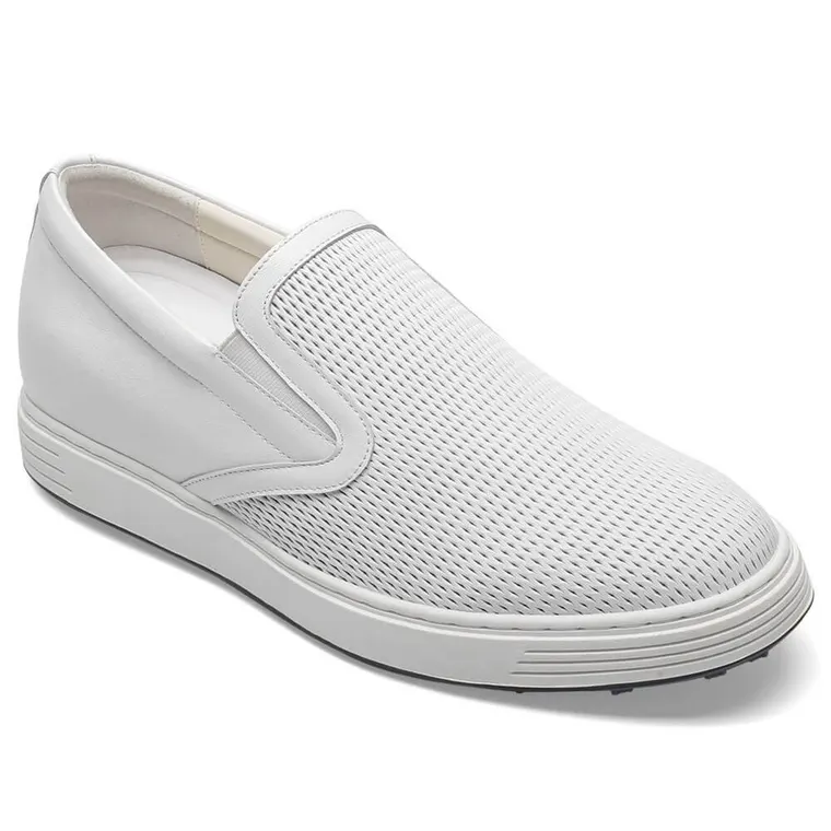 Men's Height Increasing Shoes - White Leather Slip-On Casual Shoes 6CM / 2.36 Inches