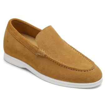 Hidden Heel Shoes for Men - Brown Suede Apron toe Loafer Shoes that Make You Taller 5 CM / 1.95 Inches