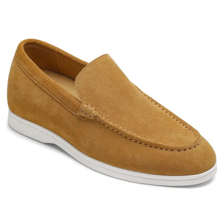 Hidden Heel Shoes for Men - Brown Suede Apron toe Loafer Shoes that Make You Taller 5 CM / 1.95 Inches