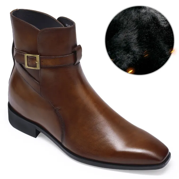 Height Increasing Boots for Men - velvet warm winter shoes - Brown Leather Dress Boots - 7CM / 2.76 inches taller