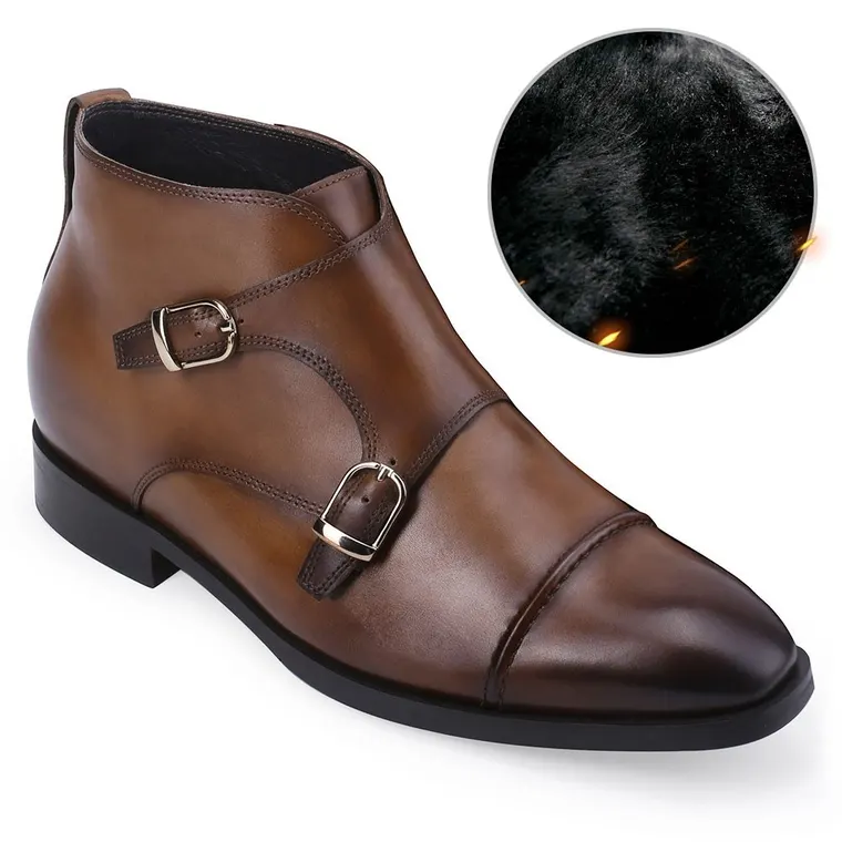 CHAMARIPA - Velvet Warm Winter Shoes - elevator shoes mens - Calfskin brown Double Monk Strap Boots - 7CM/ 2.76 inches taller