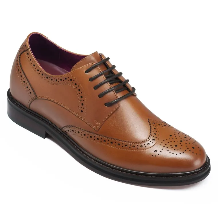 hidden heel shoes mens - dress shoes that make you taller - brown patina leather derby brogues 6 CM / 2.36 inches