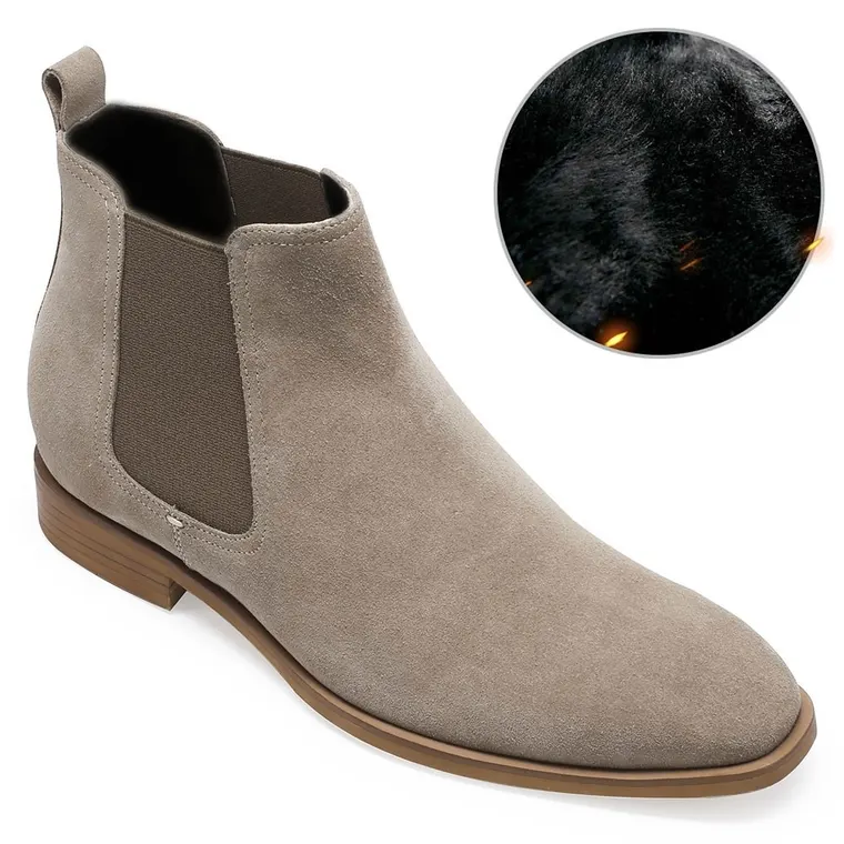 CHAMARIPA - Velvet Warm Winter Shoes - height increasing boots - Khaki suede leather Chelsea Boots - 7CM/ 2.76 inches