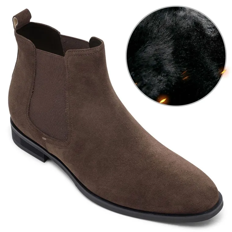 men's elevator shoes - brown suede leather fur lining boots - height increasing winter shoes 7CM / 2.76 Inches
