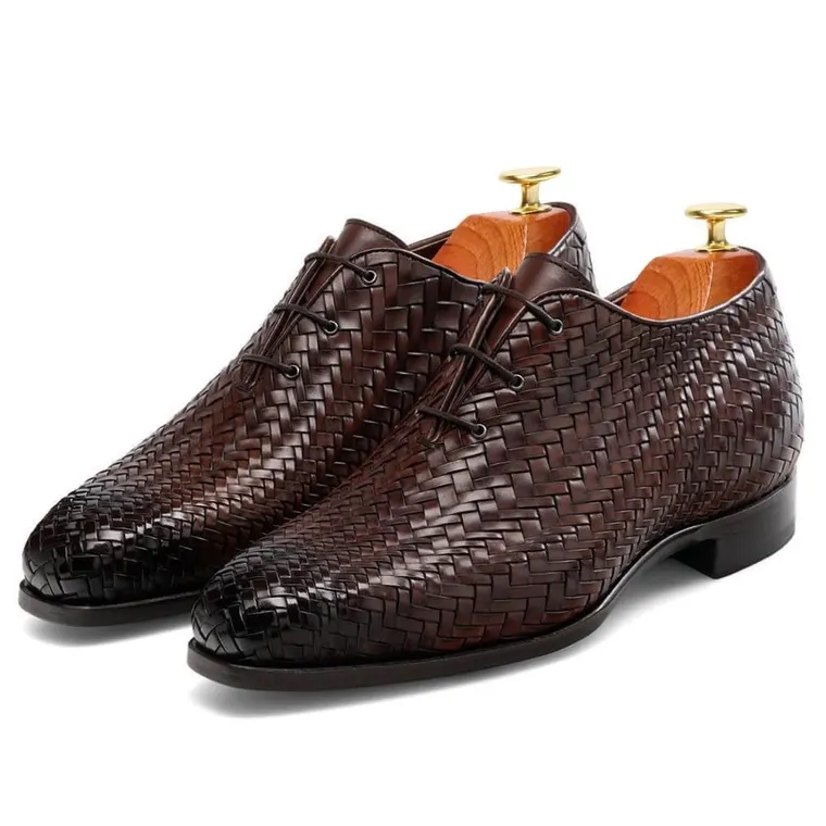 Chamaripa High Heel Men Dress Shoes Oxford Elevator Shoes Brown Woven Upper 7CM/2.76Inches
