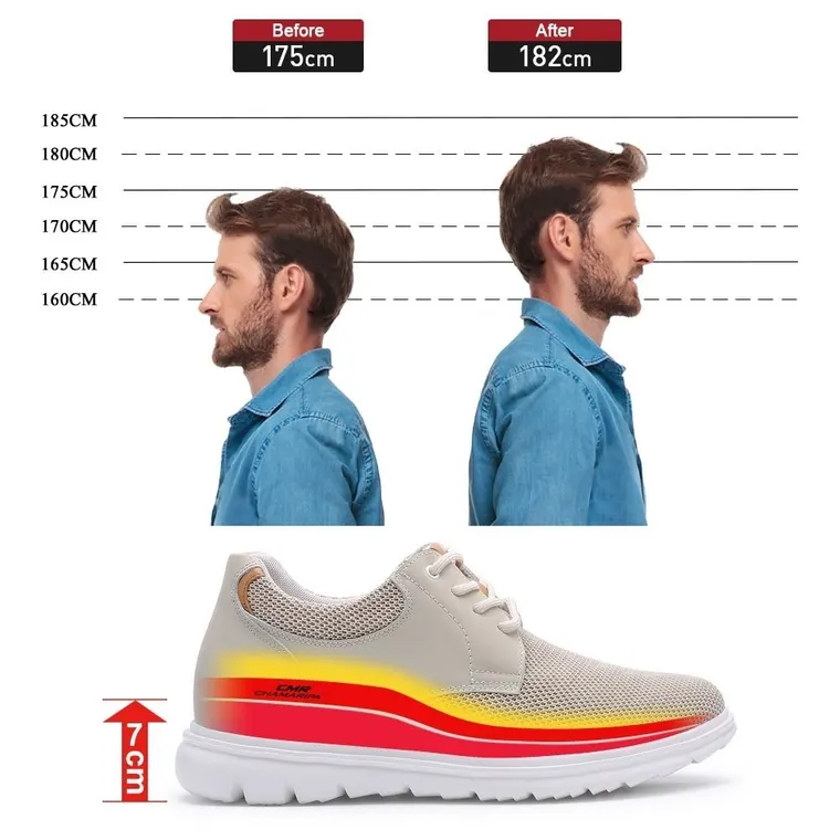 casual tall men shoes beige mesh elevator shoes for short men that make you 7CM / 2.76 Inches taller
