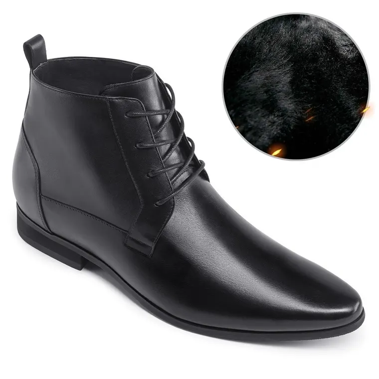 elevator dress boots - warm fur lined black leather elevator work boots 7 CM / 2.76 Inches