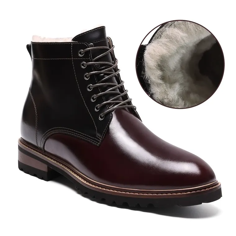 high heel boots for men - men's fur lined boots - brown winter warm height increasing boots 7CM / 2.76 Inches