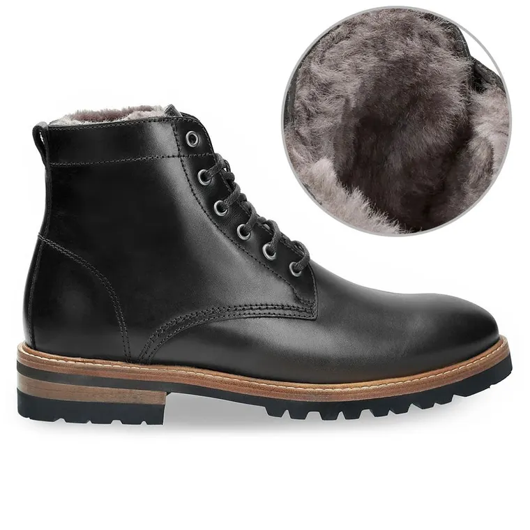 men taller shoes - men's fur lined boots - black winter warm leather lace up boots to look taller 7CM / 2.76 Inches