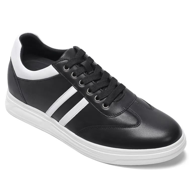 Men's Height Increasing Shoes - Black Leather Casual Elevator Sneakers 6CM / 2.36 Inches