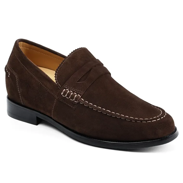 high increasing shoes - raised heel shoes - handcrafted dark brown suede penny loafers 6 CM / 2.36 Inches