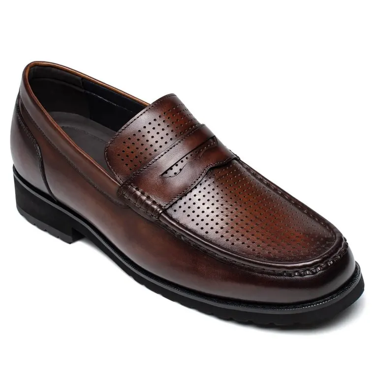 Brown Cowhide Leather Slip-On Loafers - Casual Elevator Shoes For Men 2.36 Inches / 6 CM