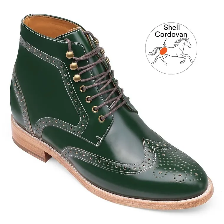 Shell Cordovan Height Increasing Shoes - Green Brogue Tall Men Boots - Men's Handmade Wing Tip Boots 9CM / 3.54 Inches