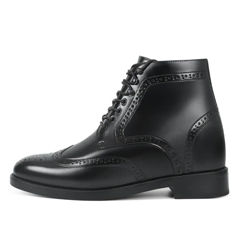 Height Increasing Wing Tip Boots - Black Shell Cordovan Elevator Boots for Men - Black Brogue Boots 9cm / 3.54 Inches
