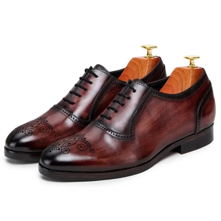 CHAMARIPA high heel men dress shoes - wine red leather handcrafted classic oxford - 7 CM / 2.76 inches taller
