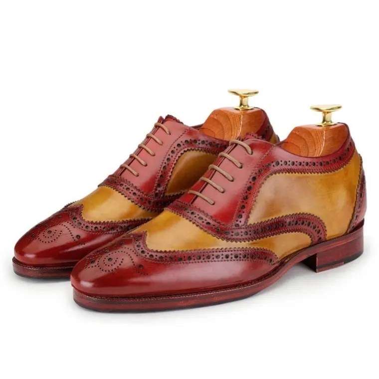 CHAMARIPA groomsmen height increasing shoes - handcrafted wingtip brogue oxford - red &amp; tan - 7CM /2.76 inches taller