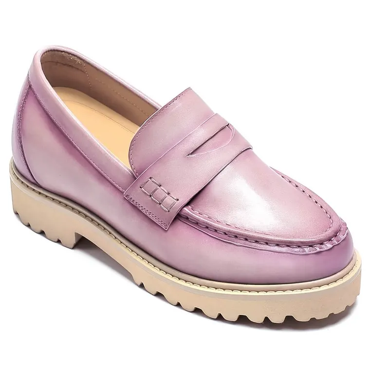 women's height increasing shoes with hidden heel-distressed Lavanda lilac eather boat 7 CM / 2.76 Inches