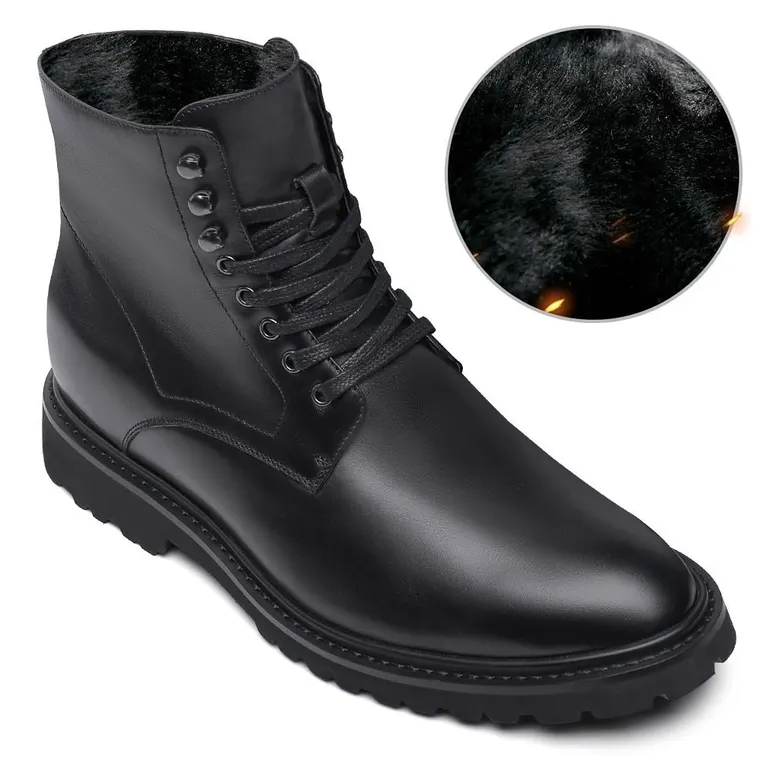 Fur Lining Elevator Work Boots Black Leather Winter Boots 8 CM / 3.15 Inches