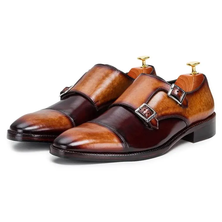 CHAMARIPA tall men shoes - handcrafted captoe double monk strap - tan &amp; brown - 7 CM / 2.76 inches taller