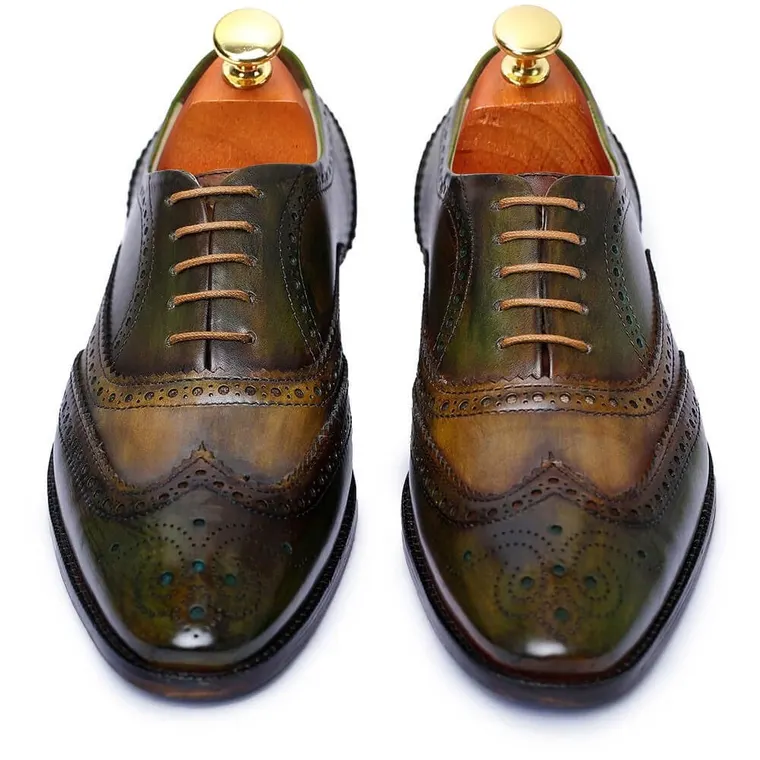 Chamaripa Wedding Elevator Shoes for Men - Wingtip Brogue Oxford - Green 7CM / 2.76 Inches