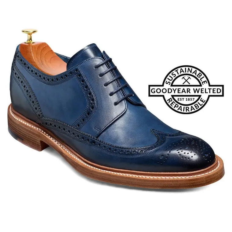 goodyear welted tall men shoes - men's shoes with higher heels - navy hand painted wingtip derby shoe 7 CM / 2.76 Inches