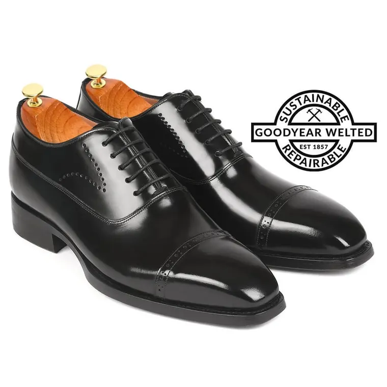 Goodyear Welted Elevator Shoes - hidden heel shoes mens- Black Cap Toe Oxfords 7 CM / 2.76 Inches