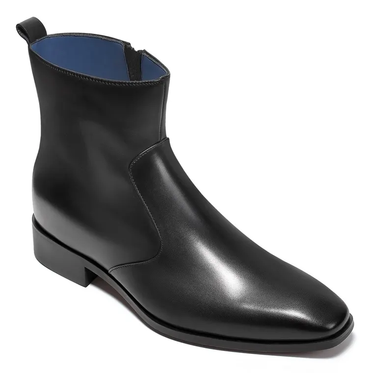 Men's Elevator Boots - Black Leather Side Zipper Boots 7CM / 2.76 Inches