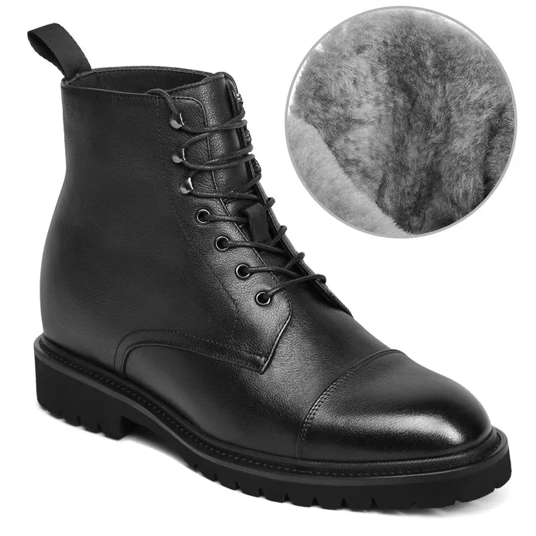 Men's Elevator Dress Shoes - Black Fur Lined Lace Up Winter Boots 8CM / 3.15 Inches