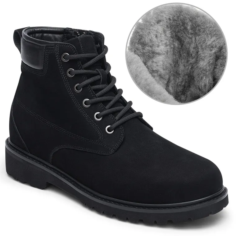 Fur Lined Men's Elevator Boots - Black Nubuck Outdoor Casual Boots 7CM / 2.76 Inches
