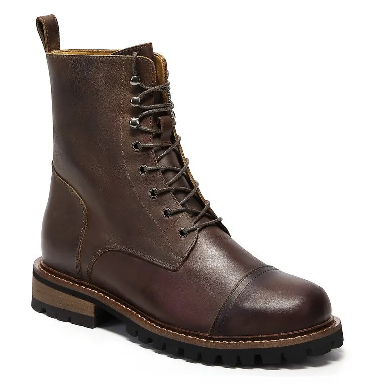 motorcycle mens shoes with height increase - Handcrafted premium brown outdoor men's motorcycle boots 7cm / 2.76 Inches