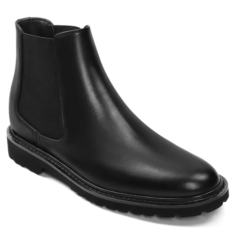 Mens Elevator Boots - Black Leather Men's Chelsea Boots 3.15 Inches / 8CM