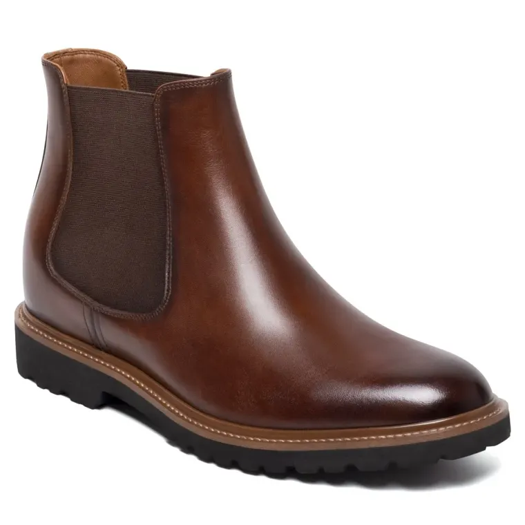Men's Height Increasing Boots - Brown Leather Elevator Chelsea Boots 8CM / 3.15 Inches