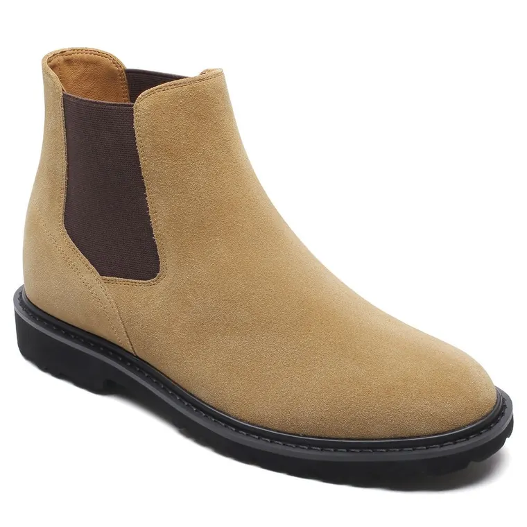 Mens Height Increasing Boots - Brown Suede Leather Chelsea Boots 8CM / 3.15 Inches