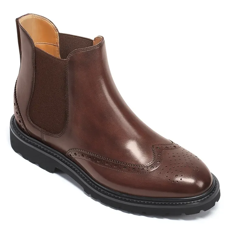 Height Increasing Boots For Men - Coffee Leather Brogue Chelsea Boots 7CM / 2.76 Inches